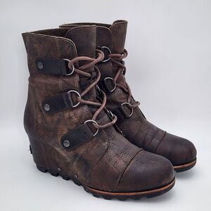 Sorel Women's Joan of Arctic Leather Wedge Lace Up Boots Size‎ 8 Brown READ